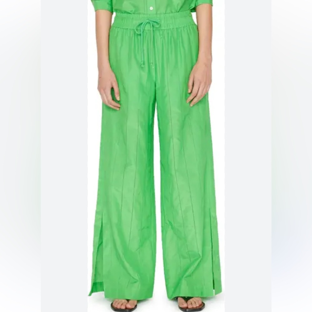 FRAME Silk Cotton Blend Drawstring Lounge Pants Wide Leg Bright Peridot Size XS
